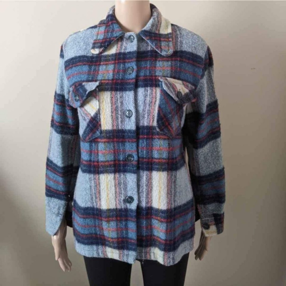 Vintage wool plaid flannel shacket jacket, women's small